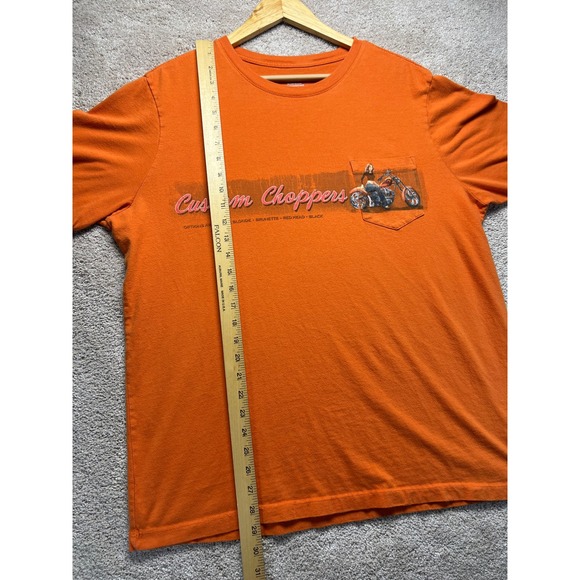 Y2K Retro Custom Choppers Motorcycle Graphic Pocket T Shirt Orange Mens XL - Picture 8 of 9